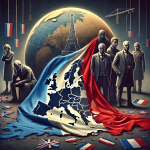 Depict the decline of French influence with elements like a fading French flag, political figures in distress, and a globe highlighting Europe. Use a