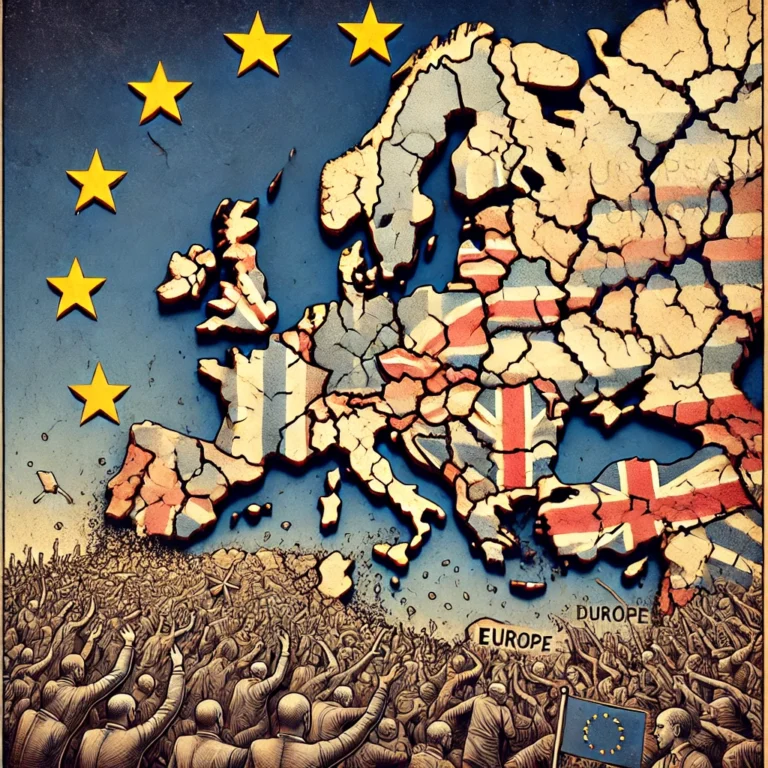 DALL·E 2024-07-31 23.37.42 - Generate an image showing the diminishing influence of Europe, featuring cracked European Union symbols, political turmoil, and a map of Europe losing