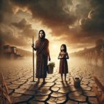 A woman and girl stand in a dry, cracked field, symbolizing the impact of climate change on women and girls in agriculture-dependent developing countries. The woman holds farming tools with a determined yet weary expression, while the girl clutches a small plant, representing hope amidst the challenges. The sky is a mix of dark clouds and light, reflecting both the severity of the situation and resilience.