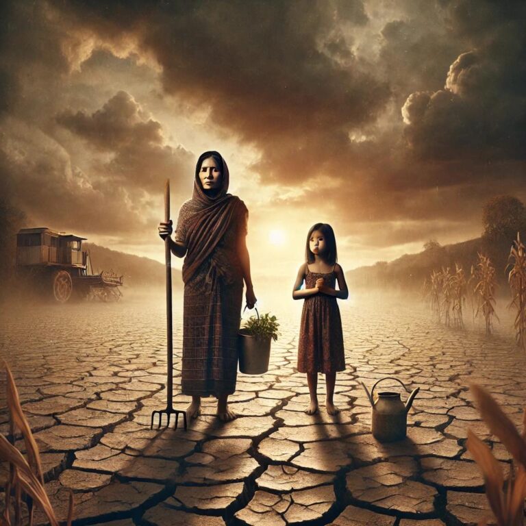 A woman and girl stand in a dry, cracked field, symbolizing the impact of climate change on women and girls in agriculture-dependent developing countries. The woman holds farming tools with a determined yet weary expression, while the girl clutches a small plant, representing hope amidst the challenges. The sky is a mix of dark clouds and light, reflecting both the severity of the situation and resilience.