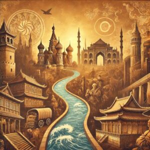 An image depicting the historic connection between Europe and Asia, featuring a blend of ancient trade routes like the Silk Road with European and Asian landscapes, symbolizing the long-standing and evolving relations between the two regions.