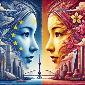 An image reflecting the perceptions between Europe and Asia, showing two faces representing each region with contrasting cityscapes in the background, symbolizing the evolving views and cultural understanding between Europe and Asia