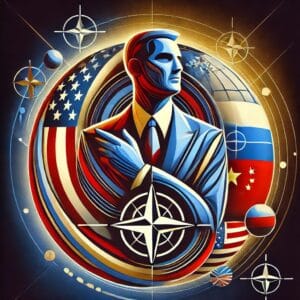 Abstract representation of global geopolitics in 2025, showing a prominent figure symbolizing leadership in front of a stylized globe, with trade routes and flags of major powers.