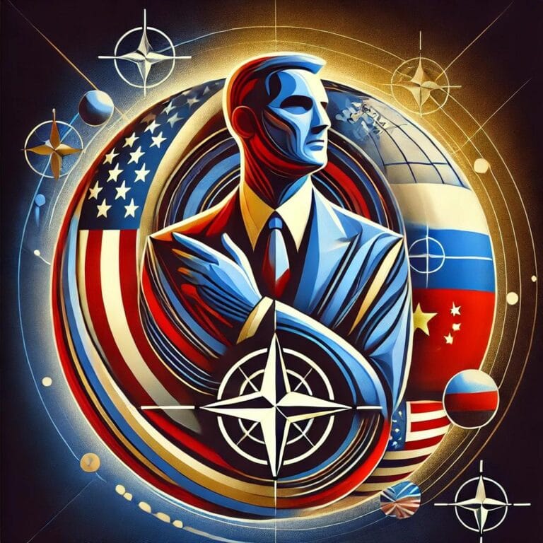 Abstract representation of global geopolitics in 2025, showing a prominent figure symbolizing leadership in front of a stylized globe, with trade routes and flags of major powers.