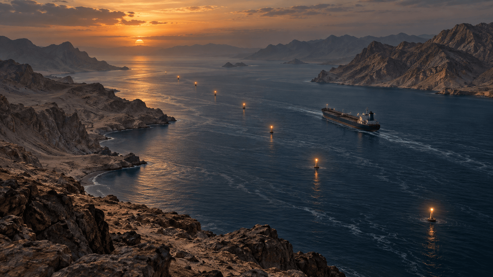 Two unmarked maritime routes converge above the Strait of Hormuz beneath a darkening sky.