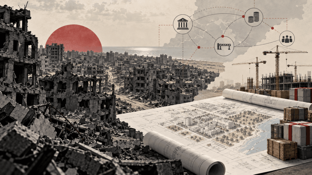 Damaged Gaza skyline transitioning into a reconstruction plan with aid, finance, and governance symbols.