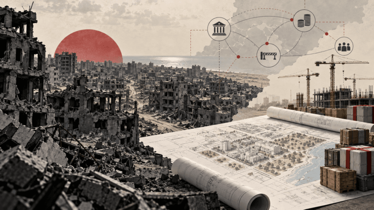Damaged Gaza skyline transitioning into a reconstruction plan with aid, finance, and governance symbols.