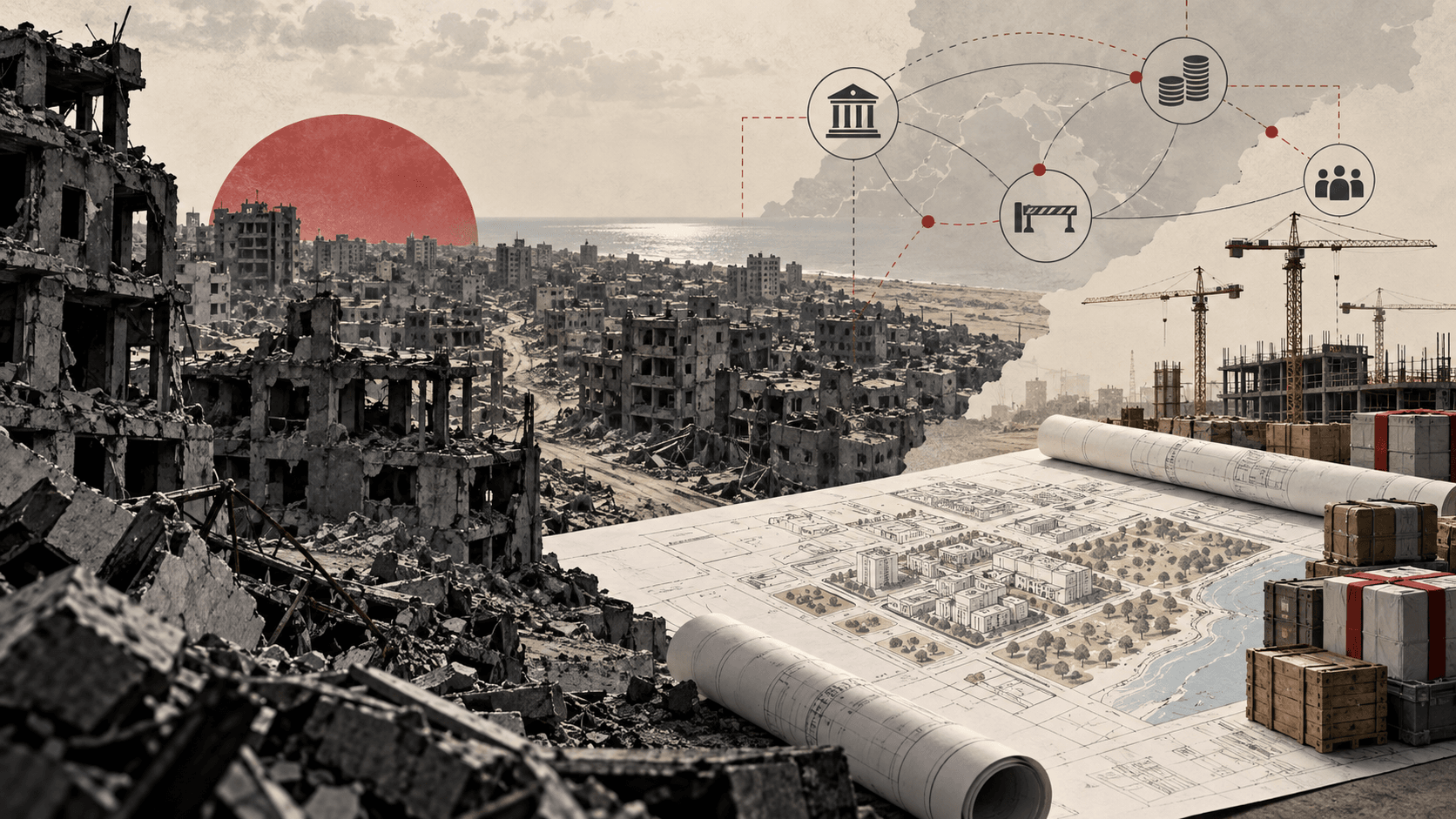 Gaza’s $2.45 Billion Recovery Plan: Money Is Only One Veto Point 1 Damaged Gaza skyline transitioning into a reconstruction plan with aid, finance, and governance symbols.