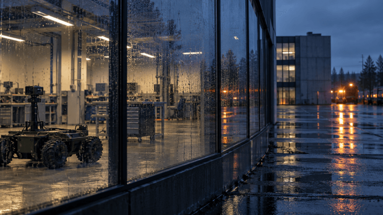 Sabotage contre Milrem : ce que l’attribution à la Russie établit — et ce qu’elle laisse dans l’ombre 1 Véhicule terrestre robotisé dans un atelier vitré à Tallinn, image éditoriale illustrant la sécurité industrielle.