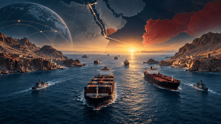 Cargo ships navigating the Bab el-Mandeb Strait between Yemen and the Horn of Africa