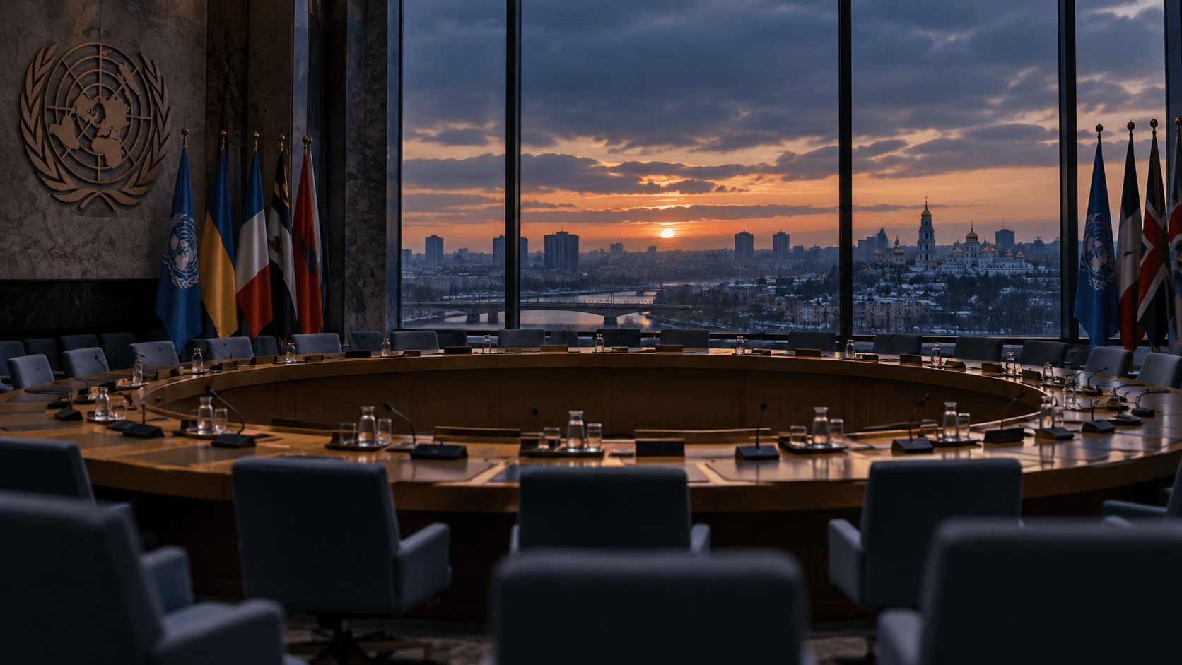 Ukraine : le Conseil de sécurité peut-il encore peser sur la guerre ? 1 Illustration éditoriale d’une salle vide du Conseil de sécurité de l’ONU, avec les drapeaux des États membres et un horizon urbain au crépuscule.