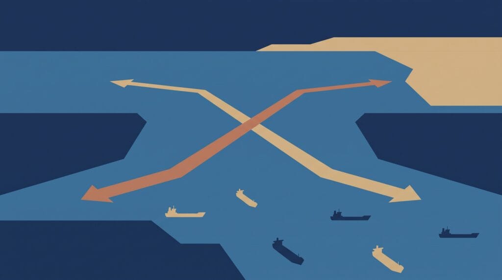 Two unmarked maritime routes converge above the Strait of Hormuz beneath a darkening sky.