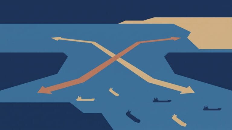 Two unmarked maritime routes converge above the Strait of Hormuz beneath a darkening sky.