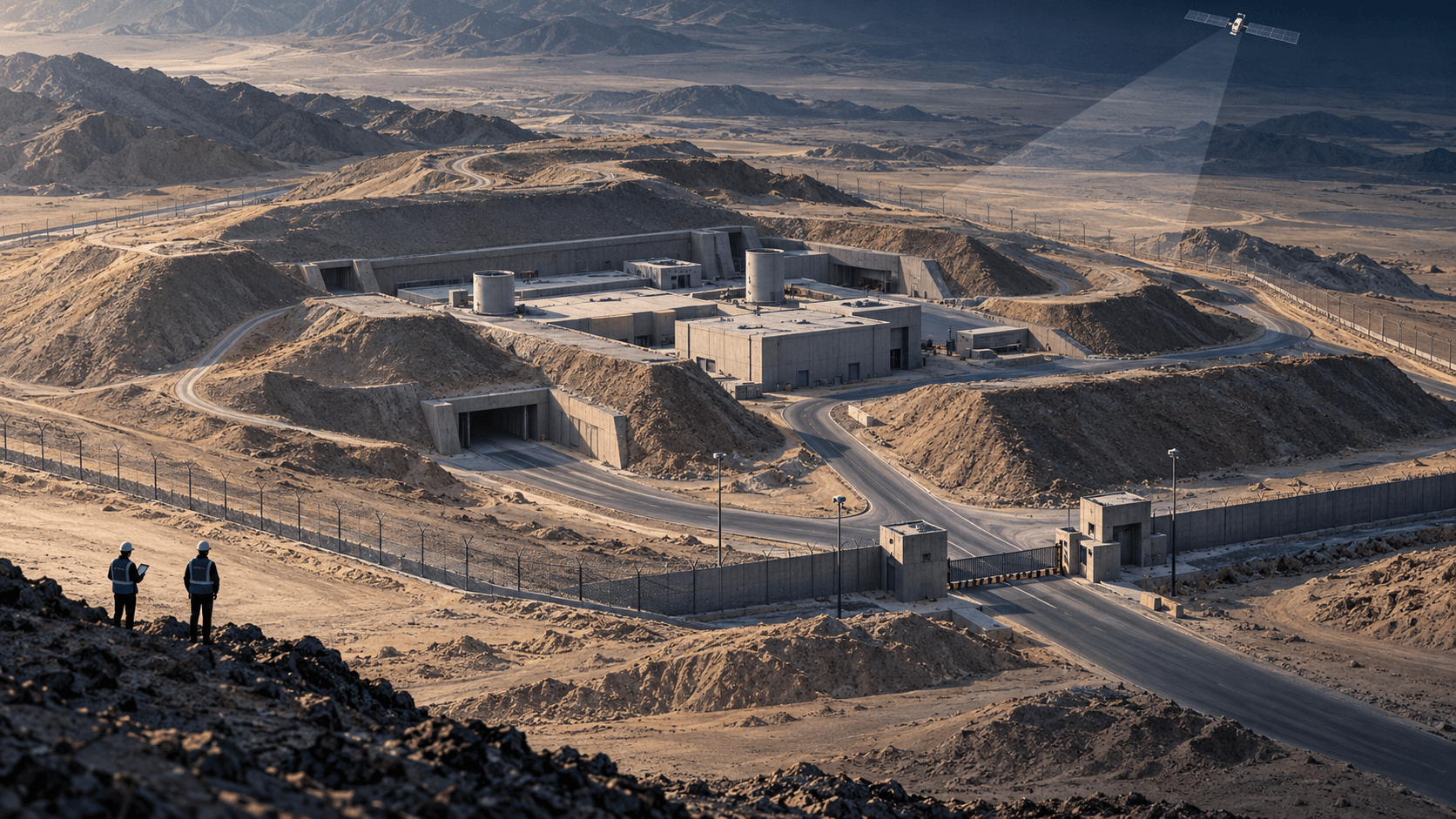 Iran’s Nuclear Sites Are Quiet. The Verification Gap Is Not. 1 Aerial view of a damaged desert nuclear facility behind a closed inspection checkpoint.